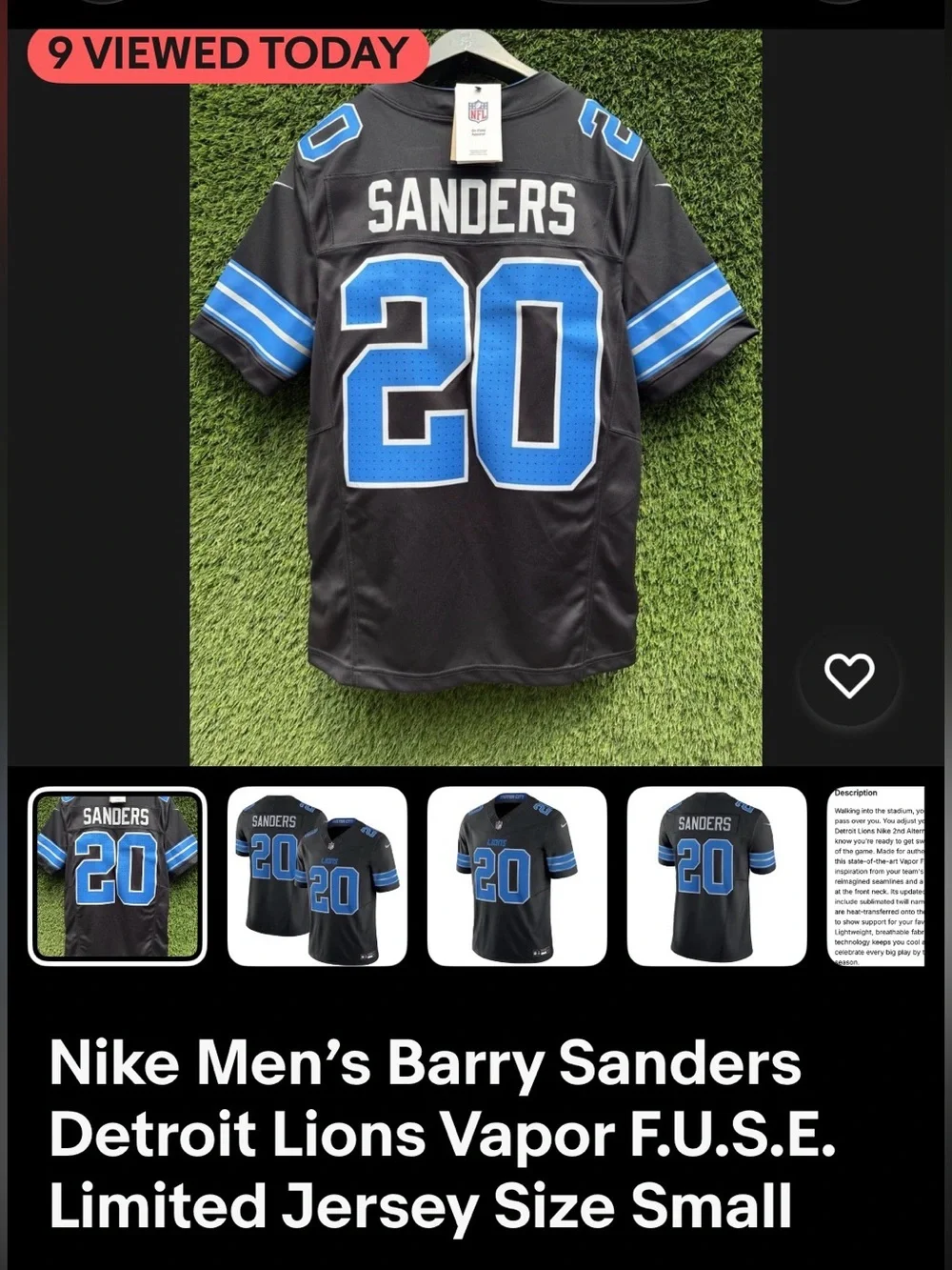 Nike Men’s Barry Sanders Detroit Lions Vapor F.U.S.E. Limited Jersey Size Small